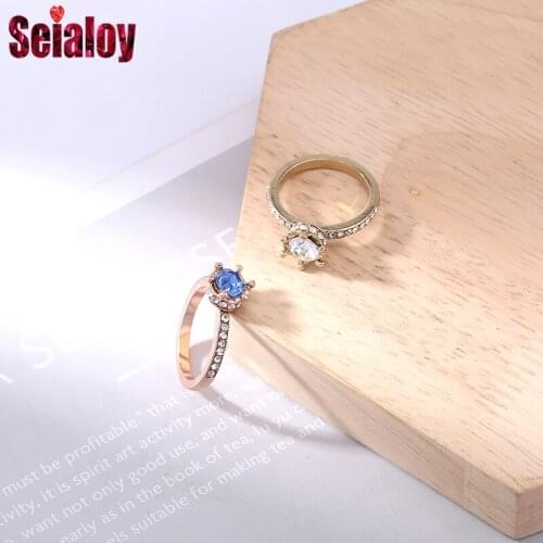 Seialoy Fashion Rose Gold Shiny Blue Rhinestone Crown Rings For Women Men Original Boys Girls Gold Rings Couple Engagement Gift