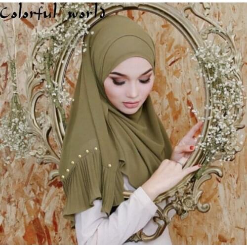 72*185cm trendy chiffon pearls scarf for women muslim crinkle hijab femme musulman headscarf islamic foulard shawls head scarves