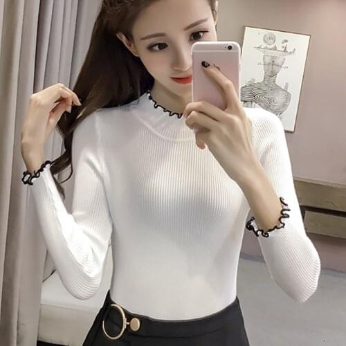 Shintimes Ruffled Collar 2020 Winter Fall Sweater Knitted Casual Pullover Women Long Sleeve Female Clothes Sweater Jumpers Mujer