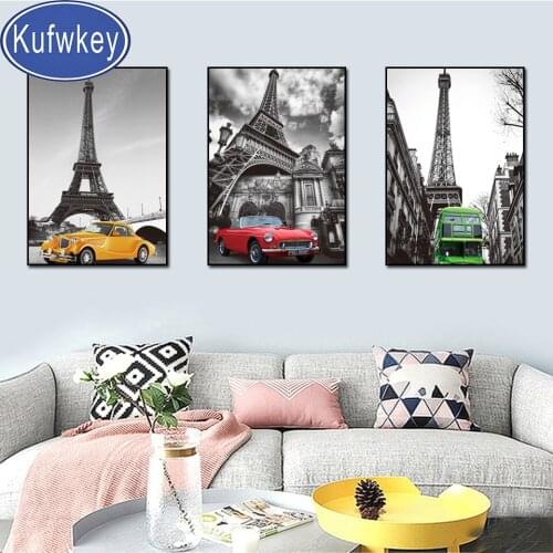 Triptych 3d round square diamond embroidery Landscape Tower in Paris Cars Diy full diamond painting stitch cross mosaic picture