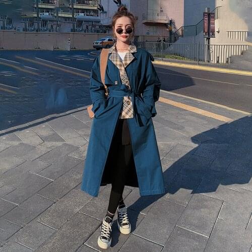 Womens Windbreaker Long Plaid Stitching Spring Autumn Coat Loose Casual Ladies Cloak Design Sense Classic Fashion Jacket Female