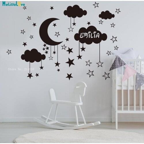 Custom Name Moon Star Cloud Wall Decals Cartoon Sky Stars Clouds Nursery Personalized Vinyl Sticker Lovely YT4927
