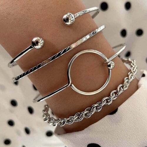 4 Pcs/Set Women Bracelets Simple Round Twist Round Beads Open Silver Color Bracelet Set Beach Fashion Ladies Bangle Jewelry