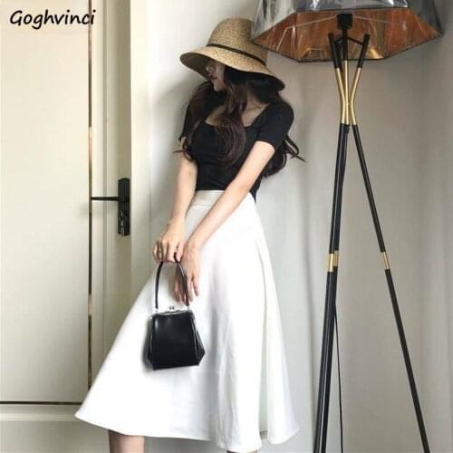 Women Sets Slim Elegant Fashion Chic Korean Style Short Sleeve Tees A-line High Waist Midi Skirts Slender Retro Solid All-match