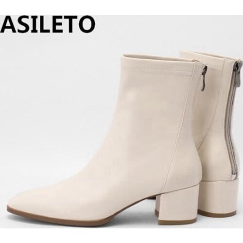 ASILETO 2021 Autumn Winter Ladies Pumps Cow Leather Scrub Soft Ankle Boots Round Toe Square Heel Zip Women Shoes Size 40 S2380