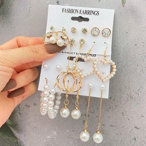 VKME Fashion Vintage Pearl Heart Dangle Earrings Set For Women Tassel Round Drop Earring Crystal Pearls Hoop Earings Jewelry