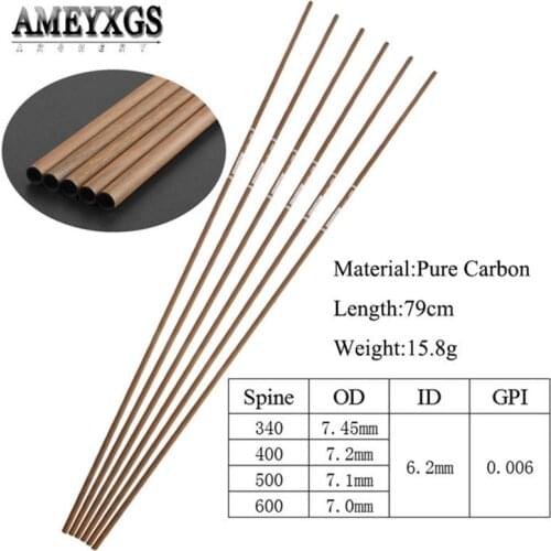 10pcs 31inch Archery Pure Carbon Arrow Shafts Spine 340/400/500/600 ID 6.2mm Carbon Shaft for Bow Shooting Hunting Accessories