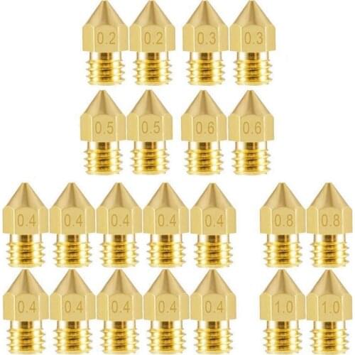 22pcs MK8 Brass Nozzle 0.2MM 0.3MM 0.4MM 0.5MM 0.8mm Extruder Print Head Nozzle For 1.75MM CR10 Ender-3 3D Printer Accessories