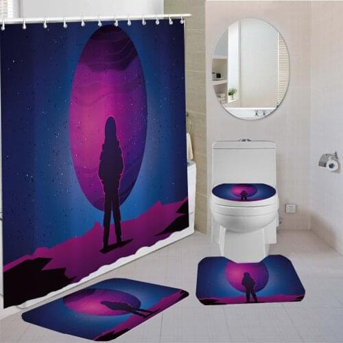 3/4 Pieces Alien Spaceship Shower Curtains Set Science Fiction Carpet Toilet Mat Bathroom 3D Print Bedroom Bathroom Non-slip Set