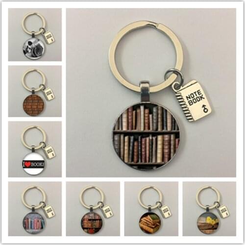 Antique book keychain glass cabochon book pattern keychain key ring chain jewelry gift for friends