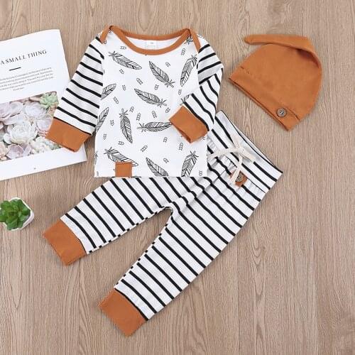 Baby Spring 3pcs Set Newborn Infant Baby Clothes Casual Long Sleeve Pattern Romper Striped Pant Hat Outfits Clothing 0-18M D30