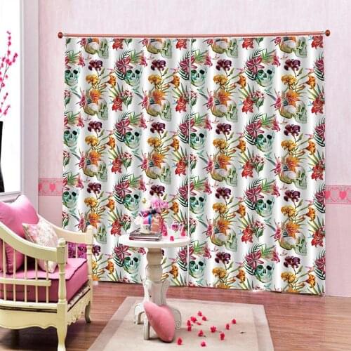 Photo Customized Skulls Decorations Curtain Colorful Flowers Leaves Patterns In Smily Head Bones Blackout Window Drapes Decor
