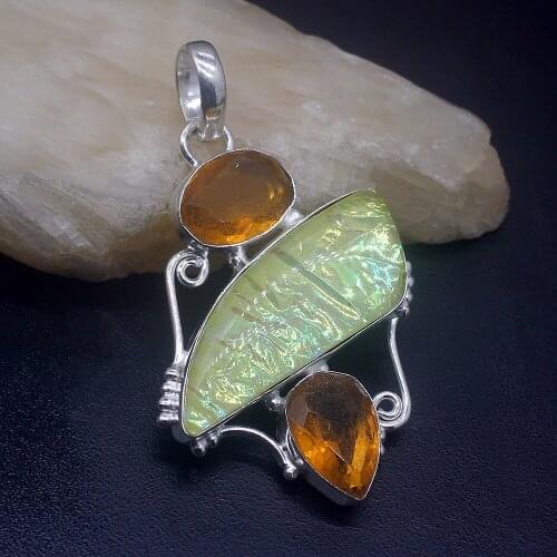 Gemstonefactory Jewelry Big Promotion Single Unique 925 Silver Dichroic Glass Topaz Citrine Lady Women Necklace Pendant 20210026