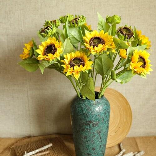 INS Decorative Sunflower Artificial FlowerWedding Decoration Crafts 3 Heads Sunflower Artificial Flower Green Plants