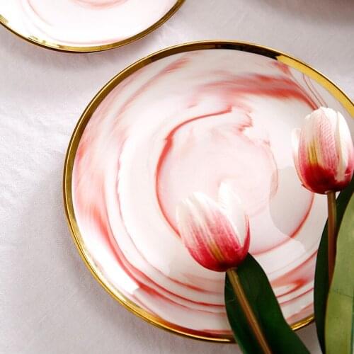 Ceramic Plate Marbling Dish Round Food Tray Flat Golden Edge Dinner Creative Breakfast Plate Fruit Plate Decoration Cutlery 1pcs