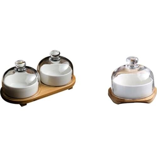 Ceramic Fruit Plate Snack Plate Cake Dessert Bowl Glass Cover Ceramic Bowl with Tray Pudding Ice Cream Tray Set Plate Set