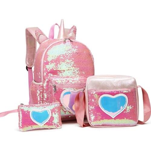 Cute 3pcs Sequins Unicorn Primary Student School Bag Set Kids Backpack for Teenager Girls Cartoon Children Christmas Gift