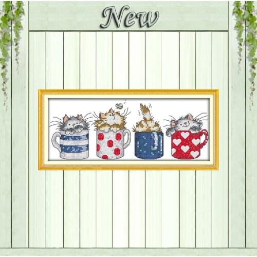 Cats hide in the cups cartoon painting counted print on canvas DMC 14CT 11CT chinese Cross Stitch Needlework Set Embroidery kits