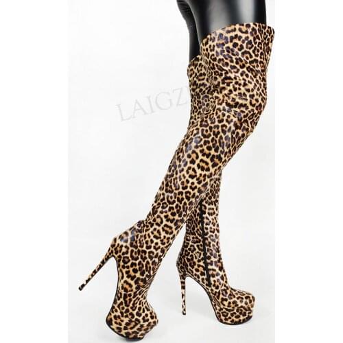 LAIGZEM Stretchy PU Women Thigh High Platform Boots Side Zip Stiletto High Heel Over Knee Shoes Woman Big Size 43 44 45