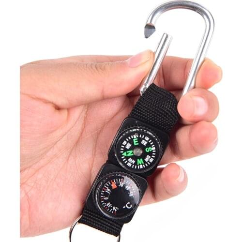 Multifunction 3 In 1 Camping Climbing Hiking Mini Carabiner W Keychain Compass Thermometer Hanger Key Ring Black brand new