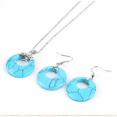 6sets/lot Natural Stone Hollow-out Concentric Round Set with Green and White Crystal Tiger Eye Stone Earrings and Necklace Sets