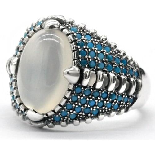 Real Solid 925 Sterling Silver Agate Ring Men Vintage Natural Onyx Stone Turquoise Blue Stone Ring Large Oval Shape Male Jewelry