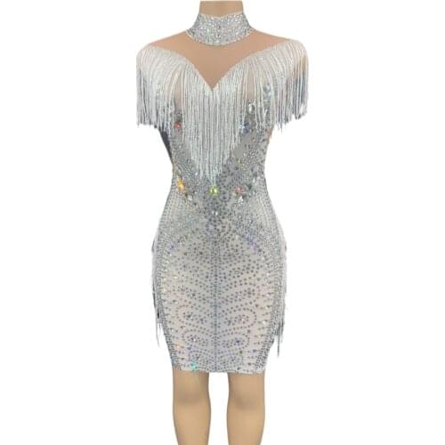 New Silver Sparkling Rhinestone White Fringe Mesh Dress Birthday Celebrate Transparent Mesh Outfit Women Dancer Bar Prom Dress