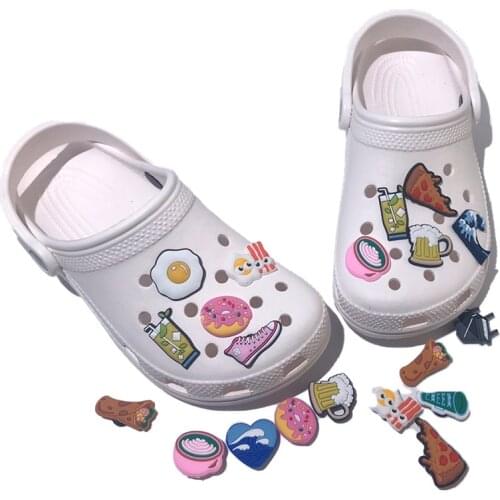 20-50pcs Poached Egg Beer Popcorn Donuts Food PVC Shoe Charms Lipstick High Heels Shoe Decorations Accessories Kids Adult Gift