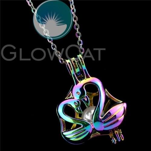 R-C641 Rainbow Colors Couple Swan Beads Cage Pendant Perfume Diffuser Aromatherapy Oyster Pearl Cage Locket Necklace