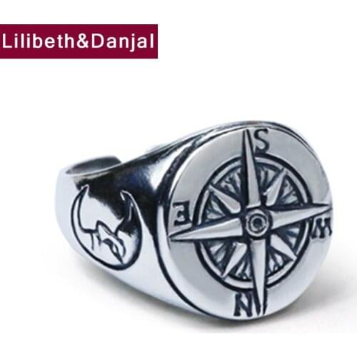 Compass Moon Letter Real 925 Sterling Silver Opening Vintage Gift Women Men Adjustable Ring Fashion Jewelry 2020 Bague Homme R53