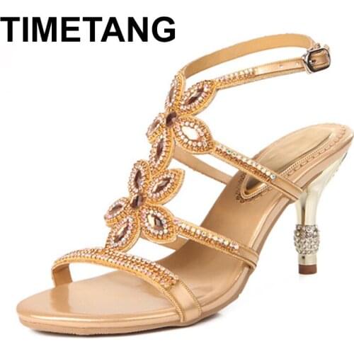 TIMETANGWomen Party Sandals Flowers Rhinstone Summer Luxury Thin Heel Sandals Women Open Toe Wedding Shoes Big Size 43 44E1078