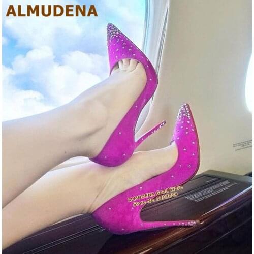 ALMUDENA Bling Bling Crystal Wedding Shoes Elegant Fuchsia Suede Glitter High Heels Slip-on Pointed Toe Banquet Pumps Size43