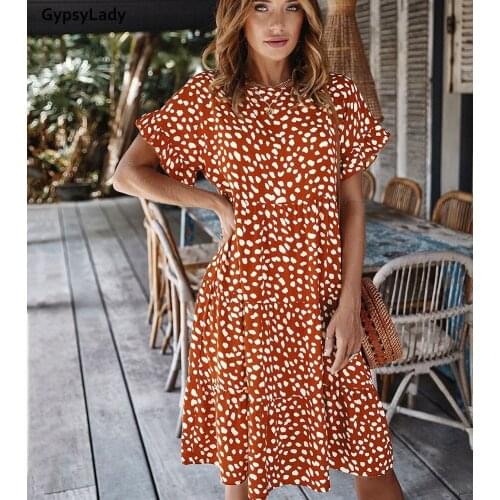 GypsyLady Vintage Floral mini Dress leopard Orange Casual Summer Women Dress short Sleeve Boho Holiday Ladies Female Dresses