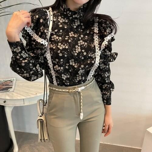 Alien Kitty Office Lady Florals Stand Female 2021 Loose Printed Fashion All Match Streetwear Blouses Chic Vintage Lace Shirts
