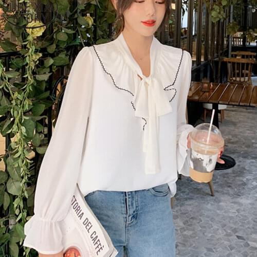 Autumn 2021 White Chiffon Blouses Korean Sweet Bow Flare Long Sleeve Shirts Women Solid Loose Tops Female Ropa De Mujer 10604