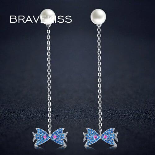 BRAVEKISS Long Drop Earrings For Women Bride Blue Cubic Zirconia Fish Kiss Pearl Dangle Earring boucle d'oreille BUE0310