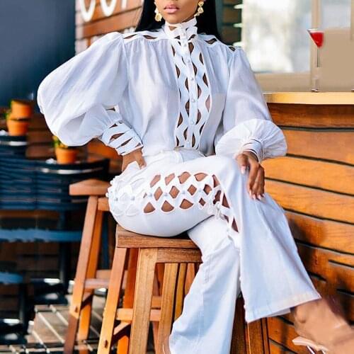 2021 Autumn Pants Sets for Party for Vacation Women Sexy Hollow Long Lantern Sleeve Shirt Top and Trousers Two-piece Suit Outfit