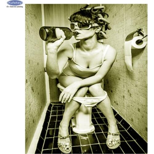 5D Diamond Painting Black White Woman Toilet Diamond Embroidery Cross Stitch Diamond Mosaic Pictures Bathroom Wall Decoration