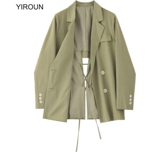 Oversized Blazer Women Spring Japanese Green Suit Jacket Female Overcoat Hollow Out Design Sense Cross Strap Casual Thin Suit