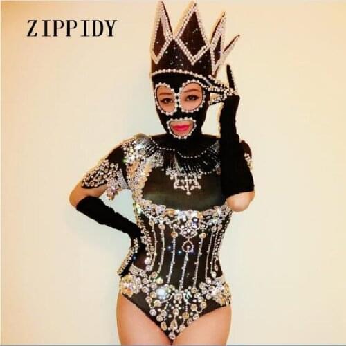 Black Shining Crystals Sexy Bodysuit Sparkly Diamonds Headpiece Outfit Stage Women Costume Birthday Celebrate Outfit Dance Wear