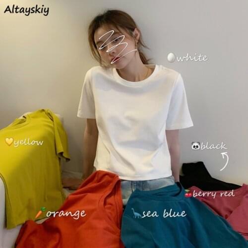 Solid T-shirts Women Ins Summer Chic Vintage Korean Daily Preppy Girls Crop Tops All-match Leisure Loose Female Clothing Tees
