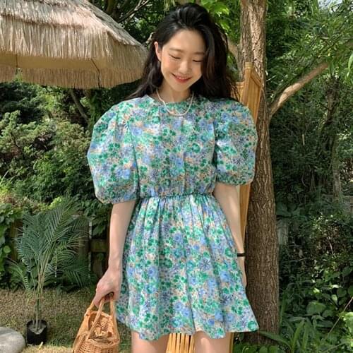 Korean Chic Summer Western Style Small Fresh Round Neck Thinner Waist Tie Small Puff Sleeve Floral Jumpsuit