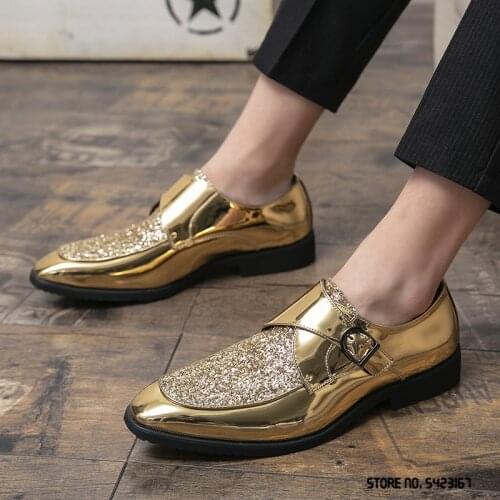 Luxury Designer Gold Sequin Mix Pointed Brogue Leather Shoes Flat For Men Dress Formal Wedding Oxford Sapatos Tenis Masculino