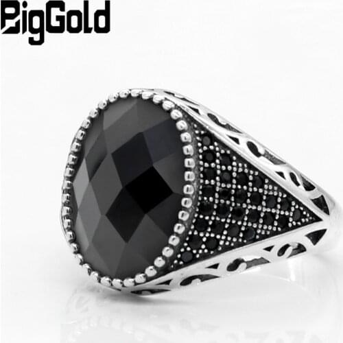 925 Sterling Silver Men Ring with Black Cubic Zircon Stones Vintage Thai Silver Ring for Male Female Turkish Jewelry