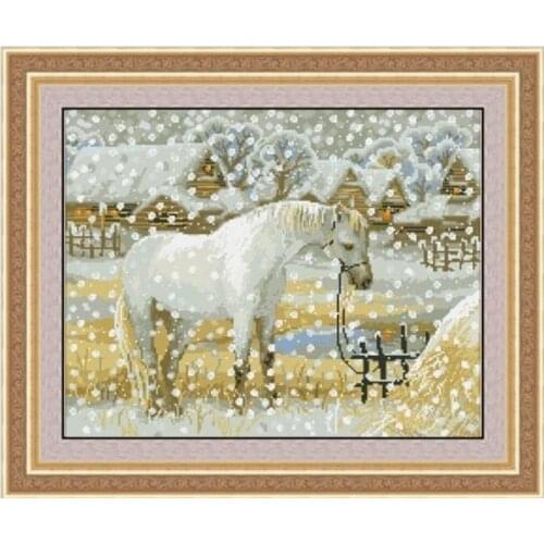 Top Quality Beautiful Lovely Counted Cross Stitch Kit White Horse in the Winter Snow Christmas
