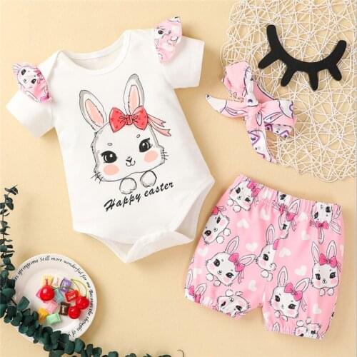 Toddler Baby Girls Clothes Cartoon Printing Three-pieces Set Infant O-neck Short Sleeve Bodysuit Top + Short Pants + Headband