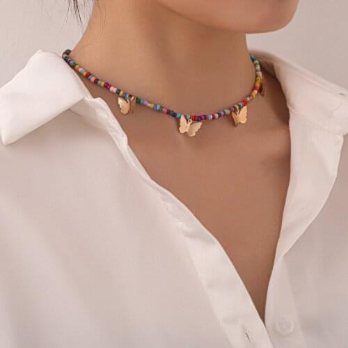 Boho Rice Beads Butterfly Pendant Necklaces For Women Girls Bohemian Trendy Style Colorful Beaded Necklace Fashion Jewelry Gifts