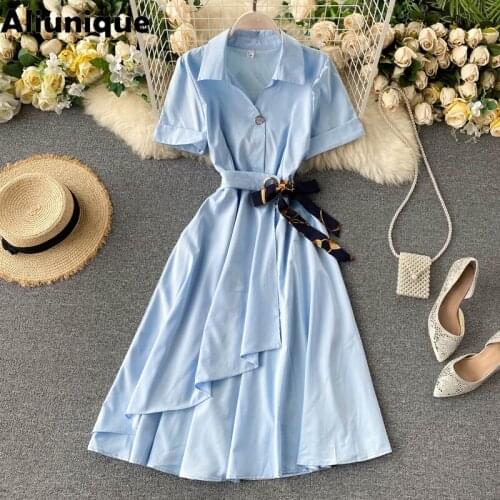 Aliunique New V-neck High Waist Dress for Women 2021 Summer Leisure Temperament Vacation Belt Dress Casual Office Lady Dress