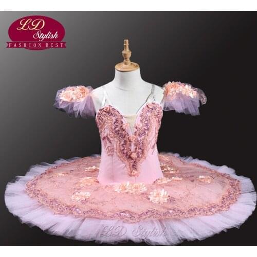 Pink Peach Professional Ballet Tutus Adult Pancake Tutu Women Classical Ballet Tutu With Flowers LD0037 Stage Dancewear Costumes