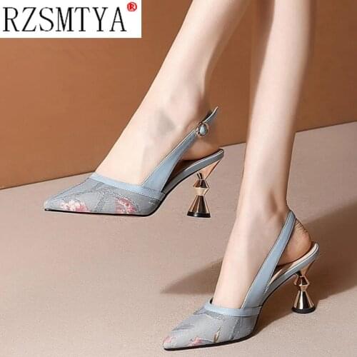 Women Fashion Color Block Embroidered Pumps Ladies Designer Brand Sandals Pointed Toe High Heels Shoes 2021